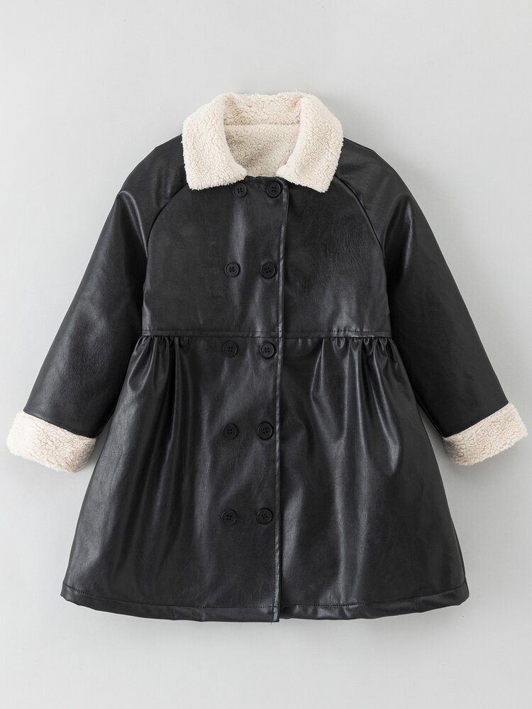 SHEIN Mantel Anak Perempuan Muda, Y2K, Atasan Lucu, Atasan Lengan Panjang, Pakaian Musim Gugur, Musim Dingin, Gaun Hitam, Jaket Beludru Hitam dengan Kerah Bulu dan Tebal - Hitam - View 5