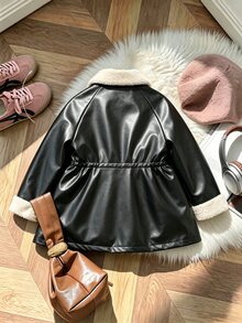 SHEIN 少女外套 Y2K 可愛上衣 長袖上衣 秋冬服飾 黑色洋裝 黑色毛絨翻領夾克 絲絨加厚 - 黑色 - 查看 2