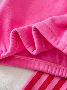 SHEIN 女童冬季款紫色可愛狗狗印花運動衫與直條紋寬腿褲2件套，秋季套裝長袖上衣 - 玫紅色 - 查看 7