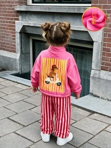 SHEIN 女童冬季款紫色可愛狗狗印花運動衫與直條紋寬腿褲2件套，秋季套裝長袖上衣 - 玫紅色 - 查看 4