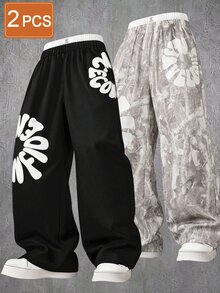 2pcs/Pack Boys Big Kids High Street Fashion Solid Color Knit Straight Leg Pants, Novel And Stylish, Comfortable Fabric, Suitable For Versatile Outfits, Summer New Style, Suitable For All Seasons - Multicolor - View 1