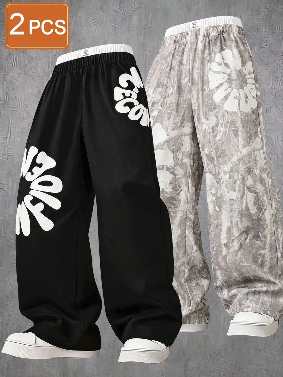 2pcs/Pack Boys Big Kids High Street Fashion Solid Color Knit Straight Leg Pants, Novel And Stylish, Comfortable Fabric, Suitable For Versatile Outfits, Summer New Style, Suitable For All Seasons - Multicolor - View 1