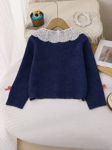Genkimix Kids Young Girl Cardigan Navy Blue Long Sleeve Button Front Crochet Collar Ribbon Detail - Navy Blue - View 2