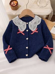 Genkimix Kids Young Girl Cardigan Navy Blue Long Sleeve Button Front Crochet Collar Ribbon Detail - Navy Blue - View 3