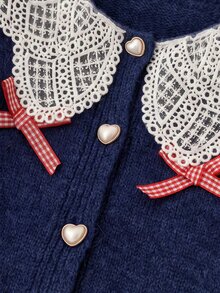 Genkimix Kids Young Girl Cardigan Navy Blue Long Sleeve Button Front Crochet Collar Ribbon Detail - Navy Blue - View 6