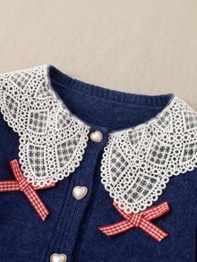 Genkimix Kids Young Girl Cardigan Navy Blue Long Sleeve Button Front Crochet Collar Ribbon Detail - Navy Blue - View 4
