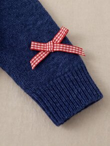 Genkimix Kids Young Girl Cardigan Navy Blue Long Sleeve Button Front Crochet Collar Ribbon Detail - Navy Blue - View 5