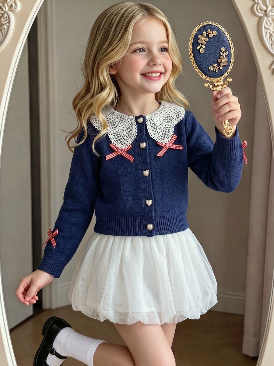 Genkimix Kids Young Girl Cardigan Navy Blue Long Sleeve Button Front Crochet Collar Ribbon Detail - Navy Blue - View 1