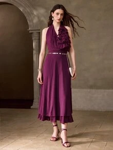 MOTF PREMIUM WOMEN'S AUTUMN/WINTER RUFFLE TRIM HALTER NECK FLARED DRESS - Red Violet - View 3