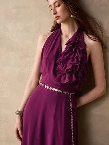 MOTF PREMIUM WOMEN'S AUTUMN/WINTER RUFFLE TRIM HALTER NECK FLARED DRESS - Red Violet - View 4