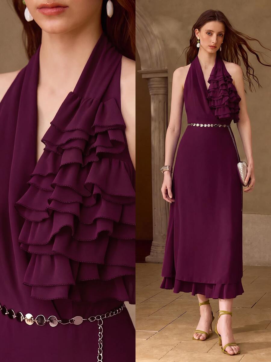 MOTF PREMIUM WOMEN'S AUTUMN/WINTER RUFFLE TRIM HALTER NECK FLARED DRESS - Red Violet - View 1