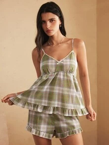 Lullawish Women's Casual Home Plaid Cotton Camisole & Shorts Set - Olive Green - View 7