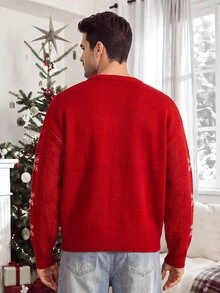 Sorvial Sweater Natal Kasual Lengan Panjang Leher Bulat Motif Kepingan Salju untuk Pria - Merah - View 5