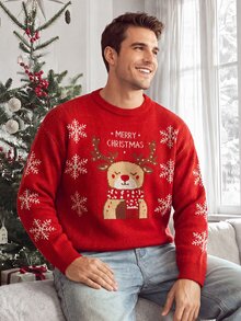 Sorvial Sweater Natal Kasual Lengan Panjang Leher Bulat Motif Kepingan Salju untuk Pria - Merah - View 4