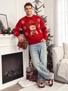 Sorvial Sweater Natal Kasual Lengan Panjang Leher Bulat Motif Kepingan Salju untuk Pria - Merah - View 3
