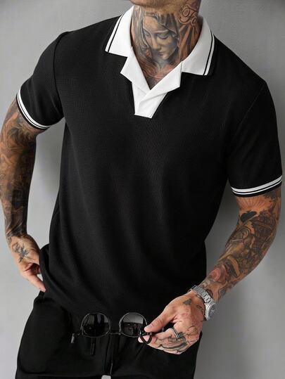 SLATEMANN Men's Colorblock Short Sleeve Polo Collar Loose Casual Daily Polo Shirt