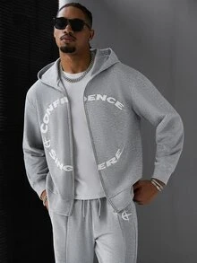SLATEMANN Men's Letter Print Long Sleeve Zip-Up Hooded Sweatshirt And Drawstring Waist Sweatpants Casual Streetwear Set Holiday Vacation White Fall - Grey - View 1