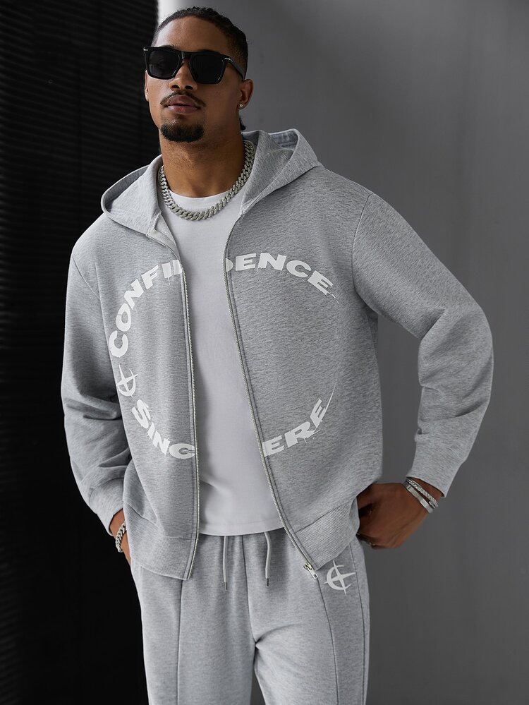 SLATEMANN Men's Letter Print Long Sleeve Zip-Up Hooded Sweatshirt And Drawstring Waist Sweatpants Casual Set - Grey - View 1