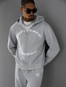 SLATEMANN Men's Letter Print Long Sleeve Zip-Up Hooded Sweatshirt And Drawstring Waist Sweatpants Casual Streetwear Set Holiday Vacation White Fall - Grey - View 9