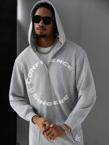 SLATEMANN Men's Letter Print Long Sleeve Zip-Up Hooded Sweatshirt And Drawstring Waist Sweatpants Casual Streetwear Set Holiday Vacation White Fall - Grey - View 3