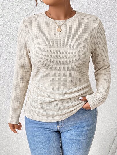 SHEIN Frenchy Kaos Kasual Wanita Ukuran Besar Warna Polos Leher Bulat Lengan Panjang dengan Detail Kerut