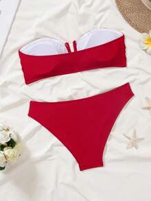Swim Basics 2pcs Women Solid Color V-Neck Bralette & Briefs Set Summer - Burgundy - View 2