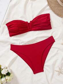 Swim Basics 2pcs Women Solid Color V-Neck Bralette & Briefs Set Summer - Burgundy - View 3