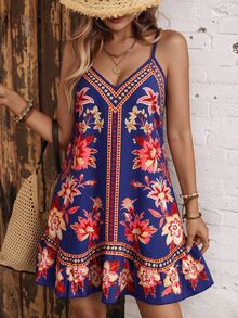 SHEIN Swim 女款夏季海灘可調式肩帶波希米亞風格印花拼接不對稱荷葉邊度假罩衫洋裝，優雅洋裝，復活節洋裝，休閒洋裝，細肩帶洋裝，花卉洋裝，度假洋裝，鄉村風洋裝，假日洋裝，粉色洋裝，夏季海灘穿搭，派對穿搭，音樂節穿搭，夜店、聚會、農場、街頭 - 藏蓝色 - 查看 7