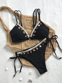 Swim Vcay 女款兩件式比基尼套裝，純色紋理面料，海灘度假休閒優雅情人節派對，可調節肩帶，性感三角褲，海星與貝殼裝飾 - 黑色 - 查看 2