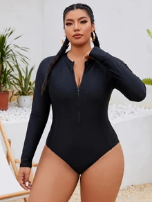 SHEIN Swim Curve Plus Size Women's One-Piece Front Zipper Random Print Long Sleeve Slimming Surf Sports Swimsuit For Beach Vacation Pool Swimming Black Summer Sexy - Black - View 5