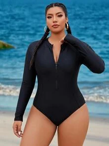 SHEIN Swim Curve Plus Size Women's One-Piece Front Zipper Random Print Long Sleeve Slimming Surf Sports Swimsuit For Beach Vacation Pool Swimming Black Summer Sexy - Black - View 4