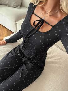 Livesso Women's Ditsy Floral Front Tie Long Sleeve Top And Long Pants Pajama Set - Black - View 3