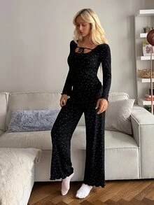 Livesso Women's Ditsy Floral Front Tie Long Sleeve Top And Long Pants Pajama Set - Black - View 5
