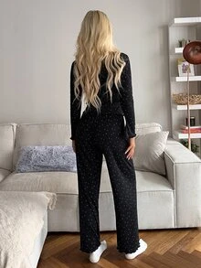 Livesso Women's Ditsy Floral Front Tie Long Sleeve Top And Long Pants Pajama Set - Black - View 2