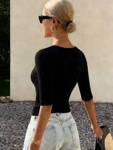 DAZY Women's Summer Square Neck Fitted Ribbed Casual Short Sleeve T-Shirt - Black - View 5