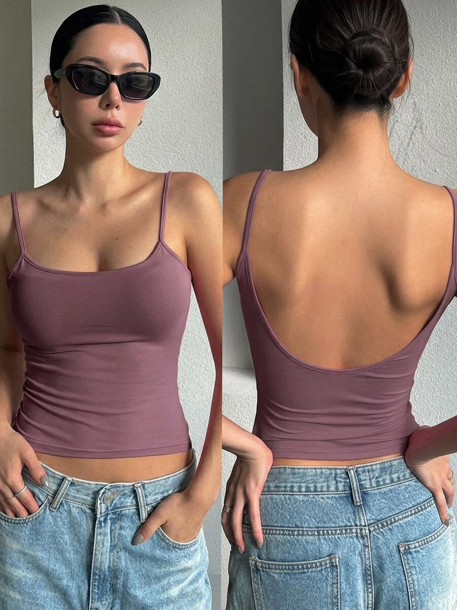 DAZY Women's Casual Versatile Slim Fit Backless Camisole Top, Spaghetti Strap Top - Pink - View 1