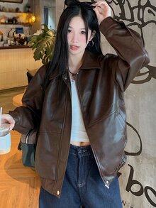 DAZY Women's Solid Color Long Sleeve Zipper Front PU Leather Loose Casual Leather Jacket, Autumn,Fall Women Clothes School Cute Tops - Coffee Brown - View 4
