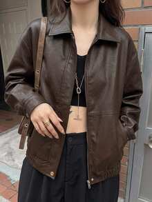 DAZY Women's Solid Color Long Sleeve Zipper Front PU Leather Loose Casual Leather Jacket, Autumn,Fall Women Clothes School Cute Tops - Coffee Brown - View 8