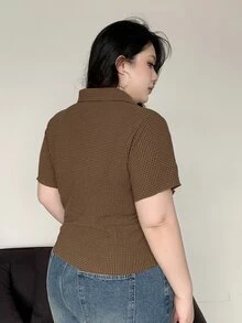 Dazy Plus Textured Fabric Fitted Polo Collar Short Sleeve T-Shirt, Spring/Summer Brunch Birthday Casual 80s - Mocha Brown - View 2
