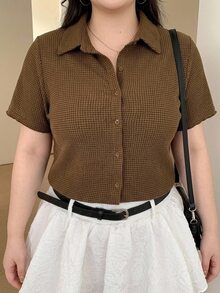 Dazy Plus Textured Fabric Fitted Polo Collar Short Sleeve T-Shirt, Spring/Summer Brunch Birthday Casual 80s - Mocha Brown - View 6
