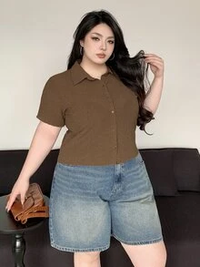 Dazy Plus Textured Fabric Fitted Polo Collar Short Sleeve T-Shirt, Spring/Summer Brunch Birthday Casual 80s - Mocha Brown - View 4