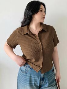 Dazy Plus Textured Fabric Fitted Polo Collar Short Sleeve T-Shirt, Spring/Summer Brunch Birthday Casual 80s - Mocha Brown - View 7