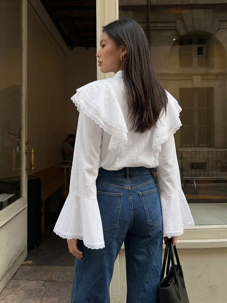 DAZY Solid Color Fitted Ruffle Bell Sleeve Tie Front Elegant Romantic Vacation Spring Autumn Blouse For Women Brunch White - White - View 2