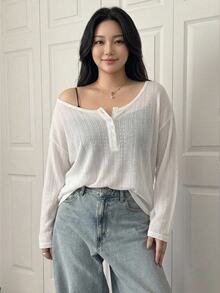 REIGN AVE Solid Color Large Scoop Neck Half-Placket Long Sleeve T-Shirt Spring/Summer - White - View 8