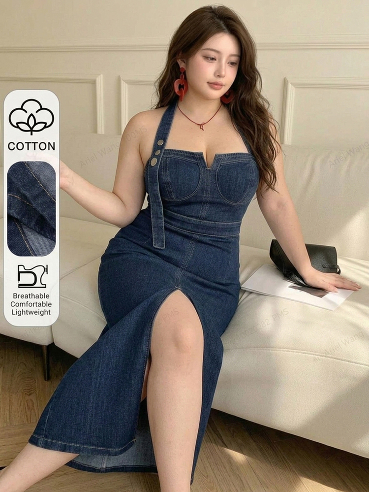REIGN AVE Summer Halter Neck Bodycon Sleeveless Long Maxi Dress With Side Slit, Denim Washed Slim Fit Blue Plus Size Women's Spring/Summer Dress - Dark Wash - View 7