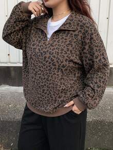 Livesso Curve Plus Size Women Quarter Zip Leopard Print Long Sleeve Pullover Sweatshirt, Street Style Sweatshirt Fall/Winter School Hoodies - Khaki - View 2