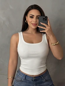 Dazy Plus Camisole Polos Elastis Pas Badan, Ukuran Plus Wanita Musim Semi/Panas Atasan Tank Tali Bahu Tipis Pakaian Rumah Formal Putih Kasual Longgar - Putih - View 6