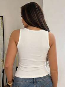 Dazy Plus Camisole Polos Elastis Pas Badan, Ukuran Plus Wanita Musim Semi/Panas Atasan Tank Tali Bahu Tipis Pakaian Rumah Formal Putih Kasual Longgar - Putih - View 2
