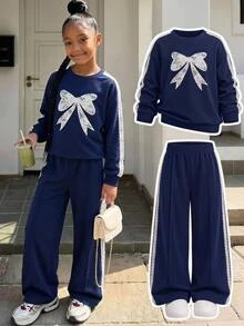 SHEIN 兒童青少年女孩蕾絲簡約休閒日常秋冬長袖衛衣與長褲套裝 - 藏蓝色 - 查看 15
