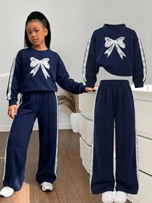 SHEIN 兒童青少年女孩蕾絲簡約休閒日常秋冬長袖衛衣與長褲套裝 - 藏蓝色 - 查看 14